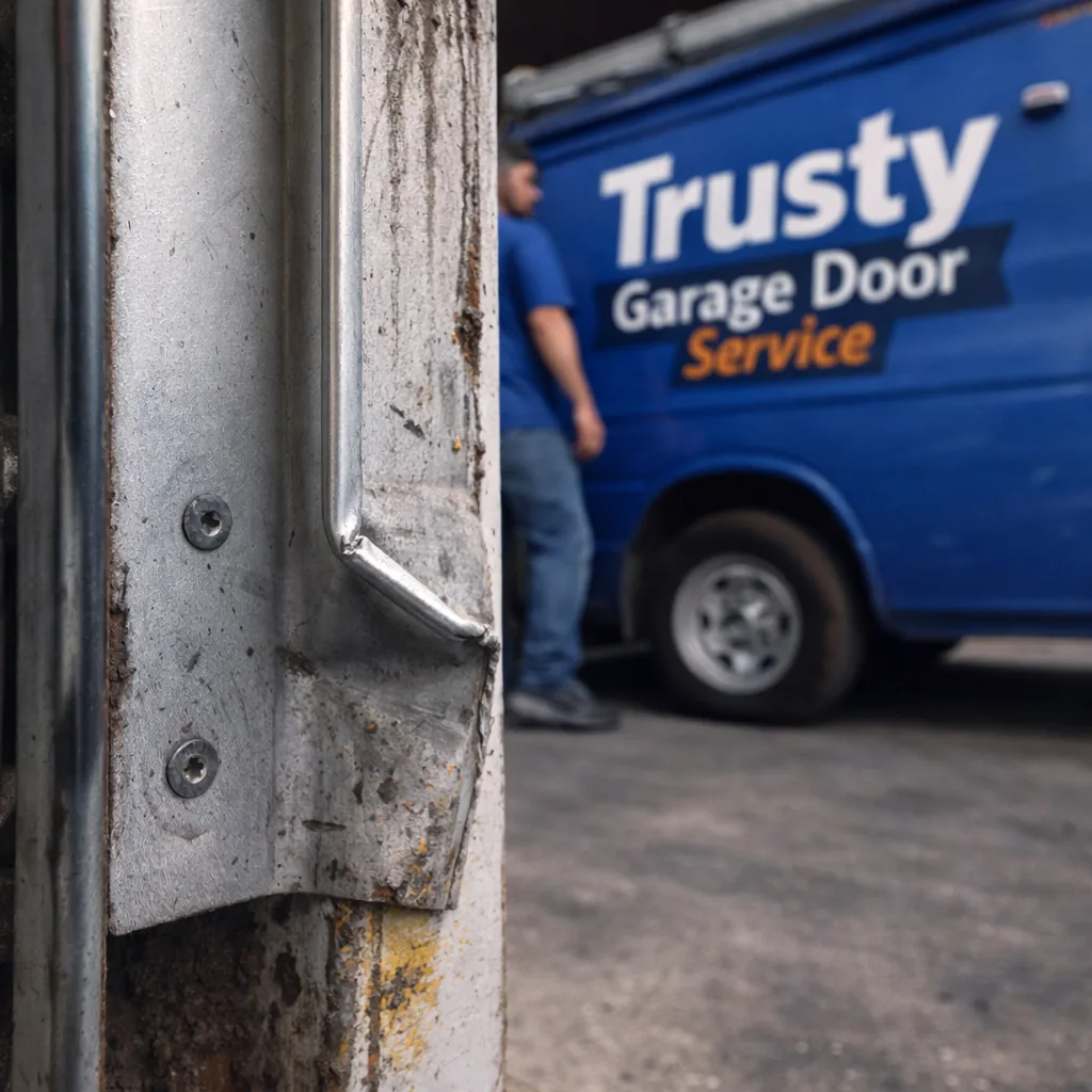 Close-up of a bent guide track on a commercial rolling steel door, with visible scuff marks on the adjacent wall from forklift contact.