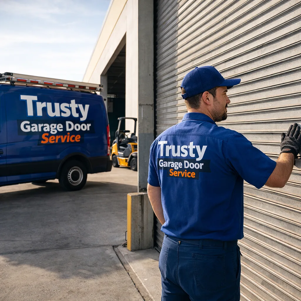 A technician in a Trusty Garage Door Service uniform inspecting a large rolling steel warehouse door at an open loading dock, a forklift visible in the background.