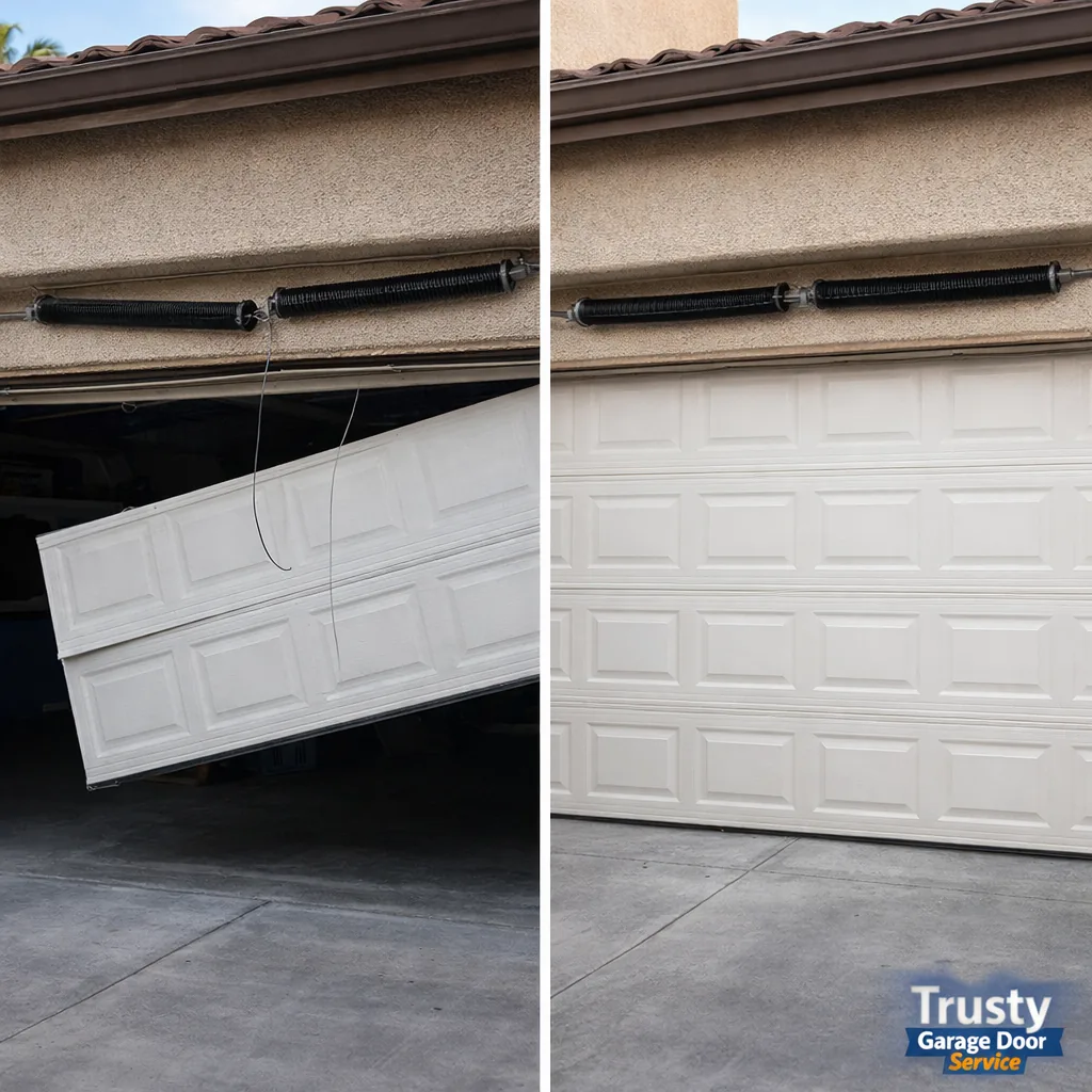 Side-by-side of a residential garage door: left shows a snapped spring with the door sitting crooked and stuck open, right shows the same door fully closed with a new matched spring installed.