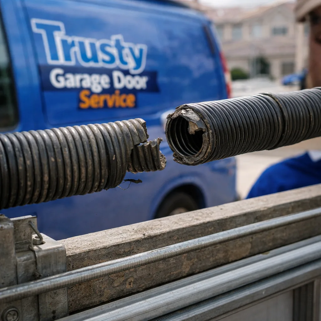Close-up of a snapped torsion spring's separated coil ends still mounted above a residential garage door, the gap between the two halves clearly visible.