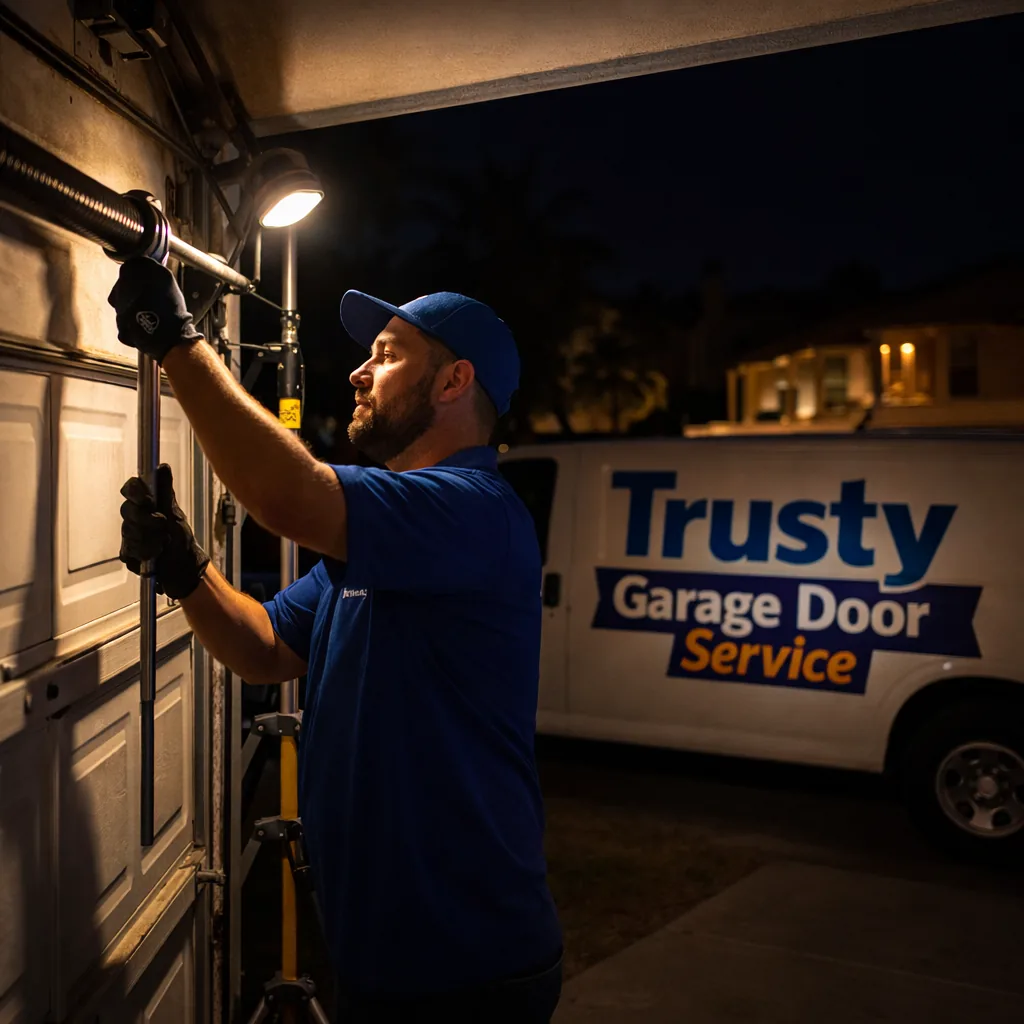 A Trusty Garage Door Service technician working under a portable work light late at night, replacing a torsion spring on a residential garage door with a service van parked in the driveway behind him.