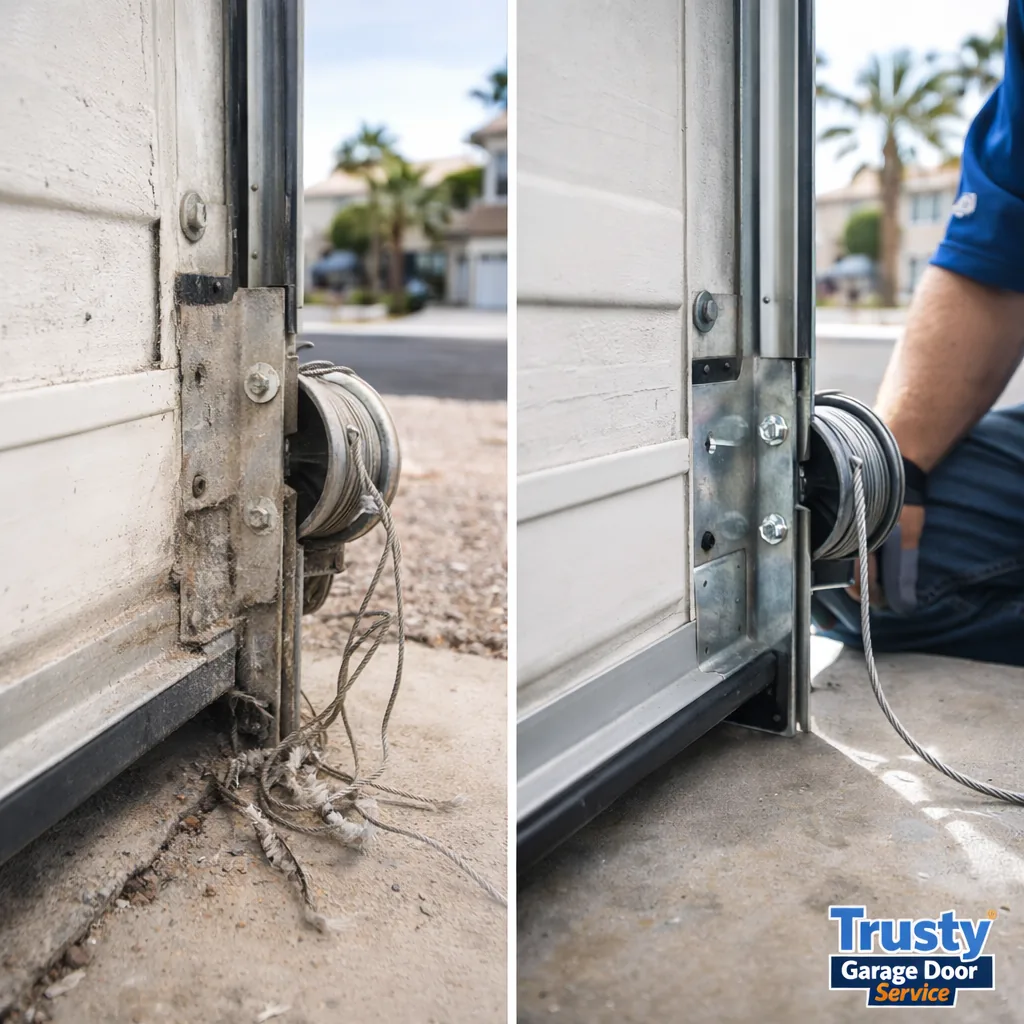 Before and after of a garage door bottom corner: left shows a frayed, unwound cable hanging loose, right shows a new cable properly seated and tensioned on the drum.