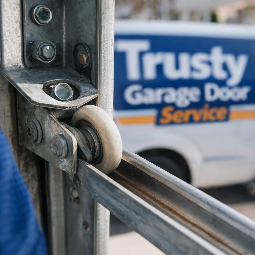 Close-up of a garage door track bracket with a roller that has come off the rail, showing the gap between the roller wheel and the track channel.