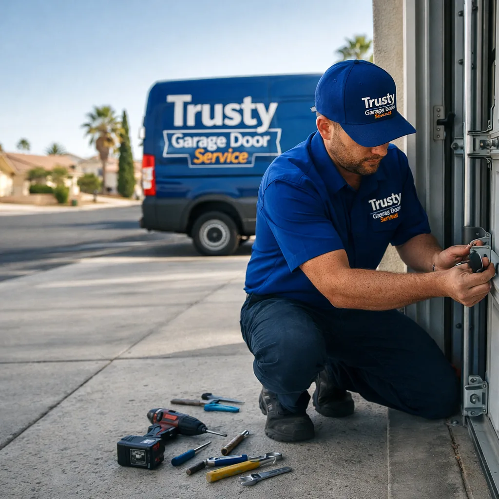 A uniformed Trusty Garage Door Service technician kneeling beside a residential garage door track, hands adjusting a roller that has come loose from the track rail, tools laid out nearby.