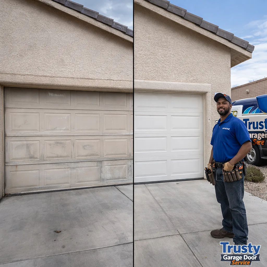 Side-by-side of a Las Vegas home's garage: left shows a faded, dented old door, right shows the same opening with a new insulated steel door installed.