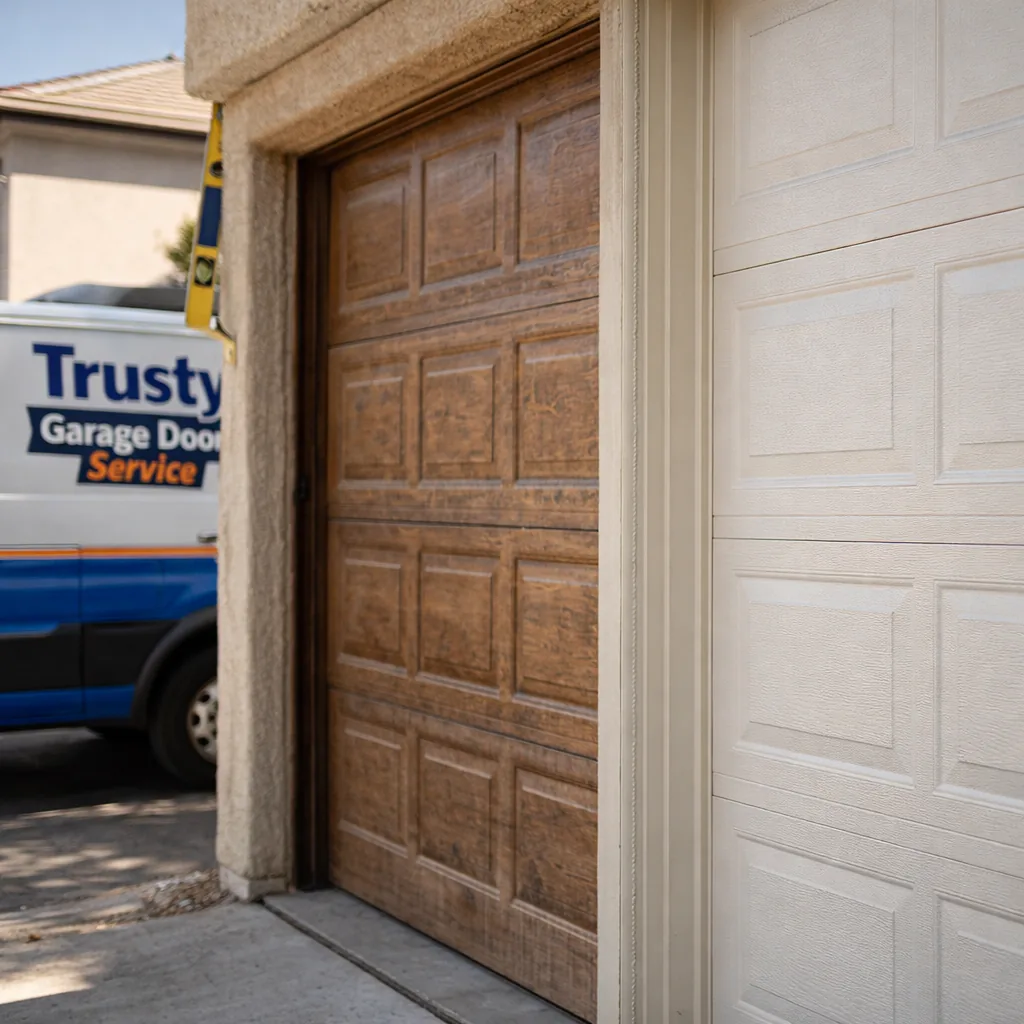 Two garage doors side by side in a driveway, one older wood-look door with visible wear next to a new insulated steel replacement door, illustrating the repair versus replacement decision.