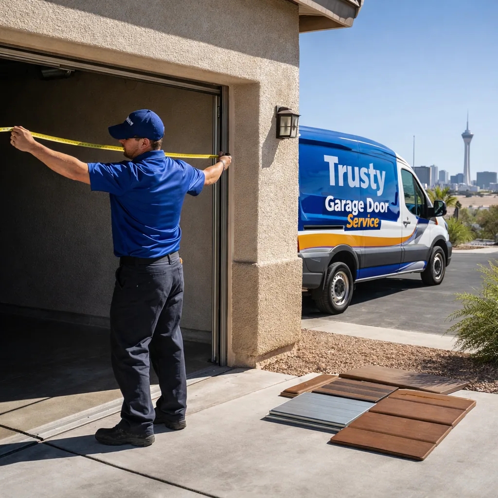 A technician measuring a garage door opening with a tape measure at a Las Vegas home, sample door material swatches, steel panel and wood-look composite, laid out on the driveway nearby.
