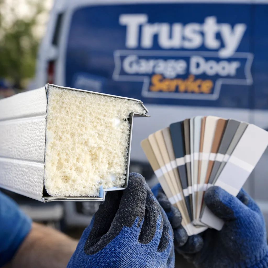 Close-up cross-section detail of an insulated garage door panel showing the steel skin and foam core layers, held by a technician's gloved hand next to a sample color swatch.