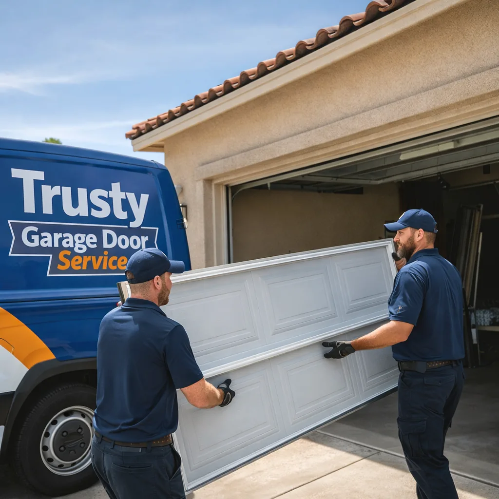 Two uniformed Trusty Garage Door Service technicians lifting a new insulated steel garage door panel into the track of a residential garage opening, driveway and stucco home visible in bright daylight.
