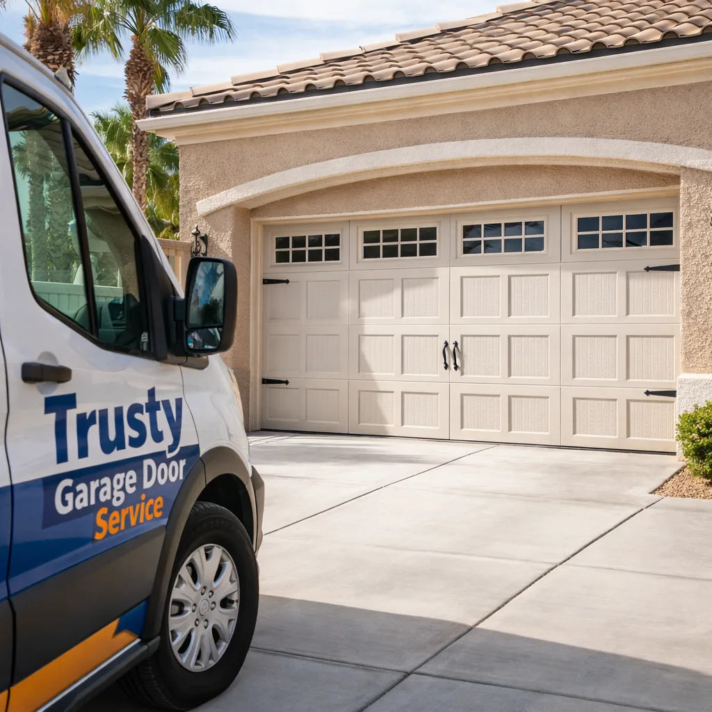 Finished exterior shot of a newly installed carriage-house style insulated garage door with windows on a suburban Las Vegas home, matching the home's stucco and trim color.