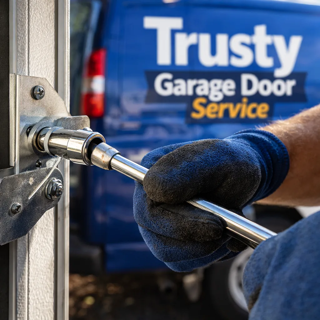 Close-up of a technician's gloved hand tightening a hinge bolt on a garage door track with a socket wrench.