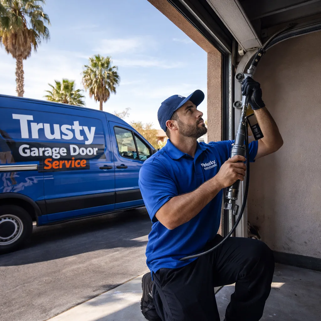 A technician kneeling beside an open residential garage door, using a grease gun to lubricate the track and rollers, sunlight coming in through the open door.