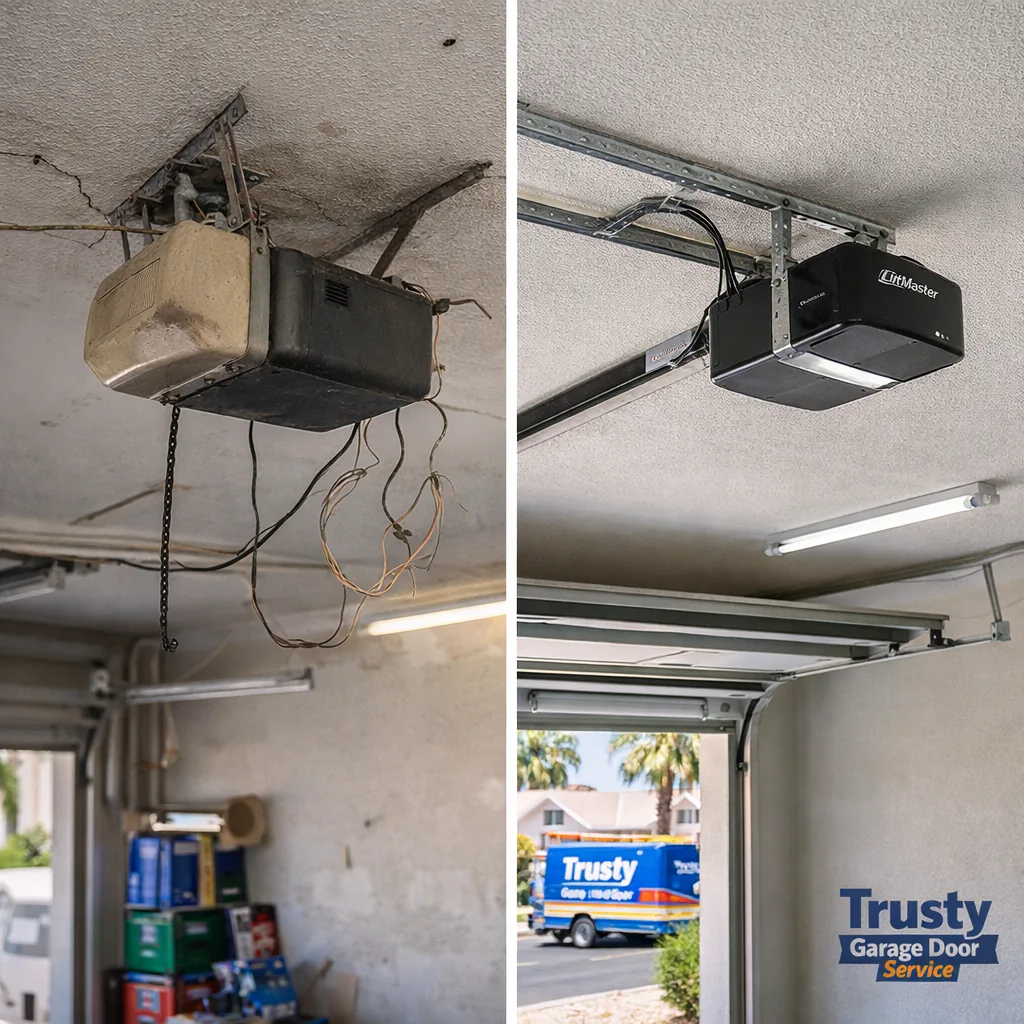 Side-by-side before and after of a garage ceiling: left shows an old sagging chain-drive opener with exposed wiring, right shows a new clean belt-drive rail and motor properly mounted and wired.