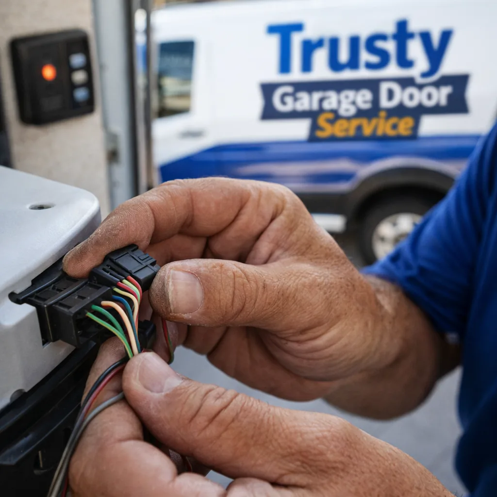 Close-up of a technician's hands connecting the wiring harness on a new garage door opener motor unit, safety sensor and wall control panel visible in the background.