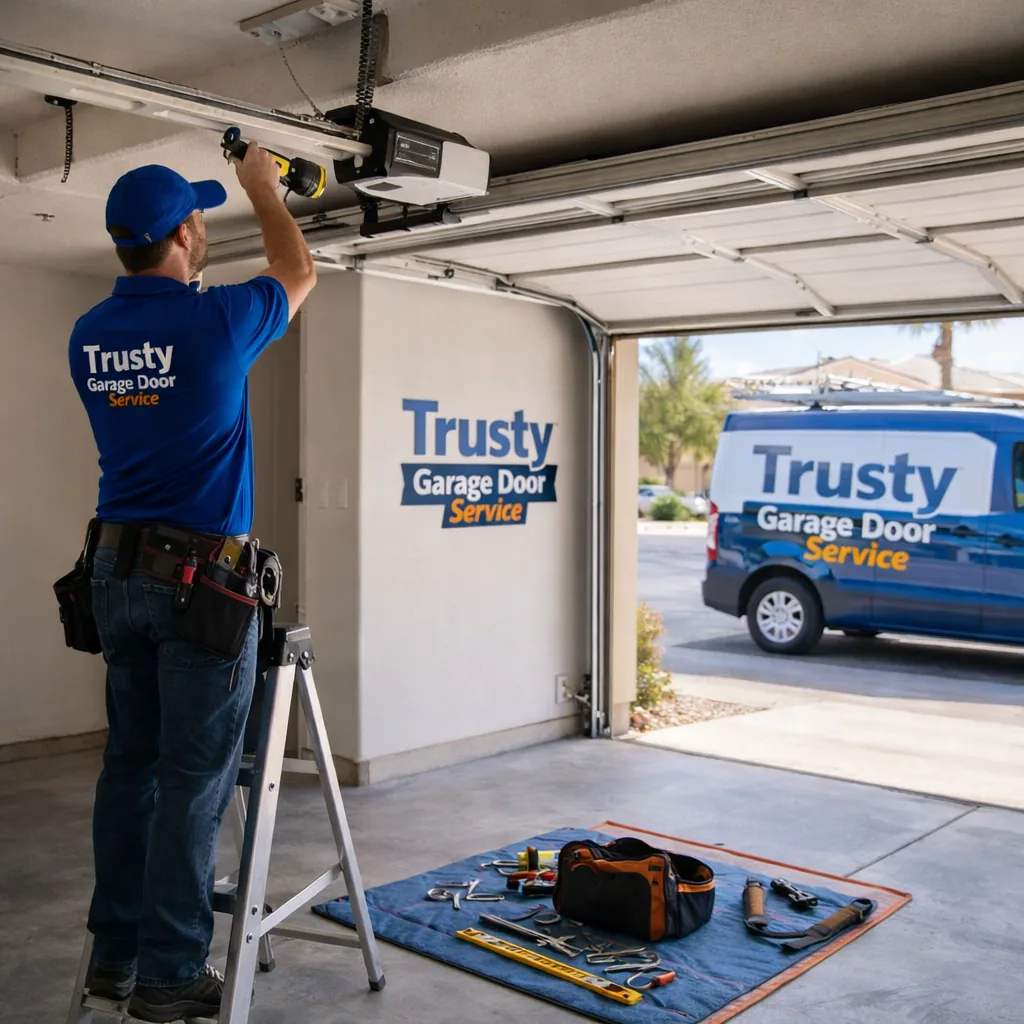 A uniformed Trusty Garage Door Service technician on a short ladder mounting a new belt-drive garage door opener rail to the ceiling of a clean residential garage, tools laid out on a mat below, bright daylight from the open door.