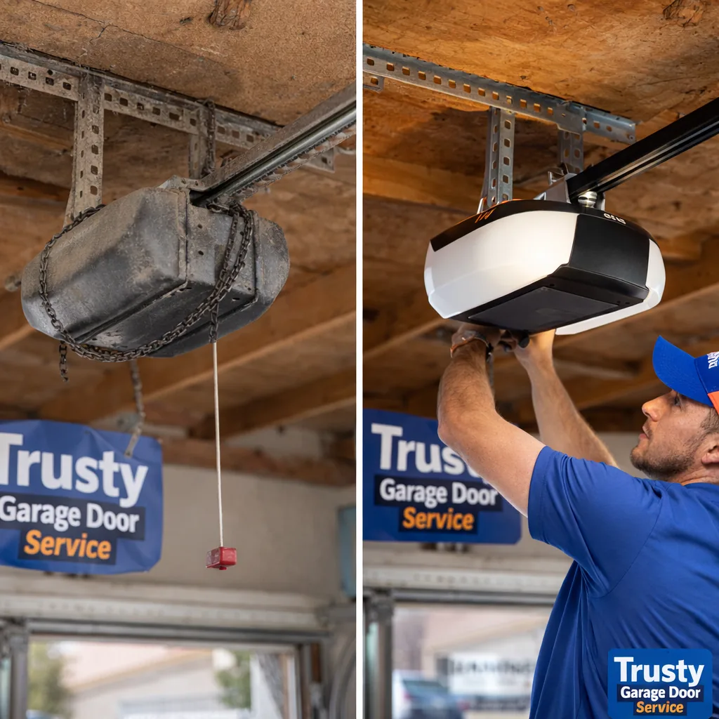 Side-by-side before and after of a garage ceiling: left shows an old, dusty chain-drive opener with a sagging chain, right shows the same spot with a clean, quiet belt-drive opener installed.