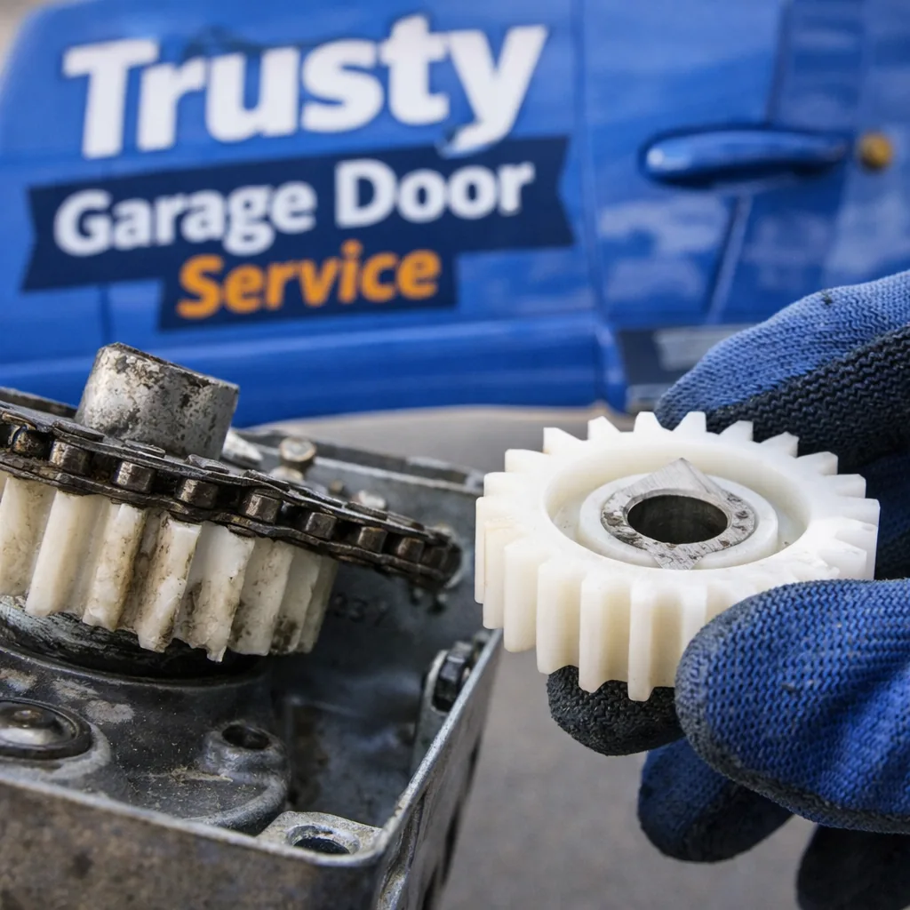 Close-up detail shot of a garage door opener's drive gear and sprocket assembly removed from its housing, worn nylon teeth visible next to a technician's gloved hand holding a replacement part.