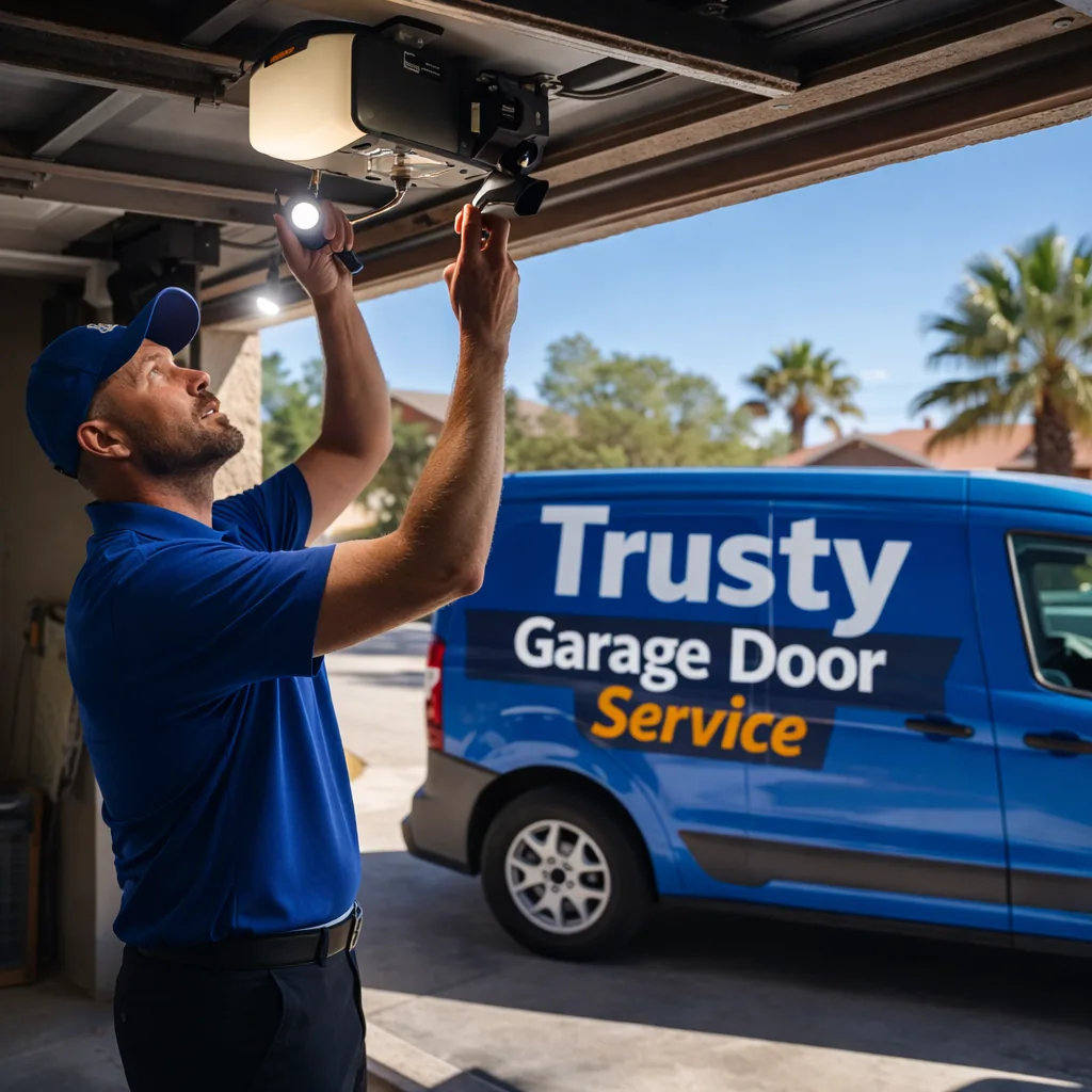 A uniformed Trusty Garage Door Service technician standing under an open residential garage door, reaching up to inspect a ceiling-mounted opener motor unit with a flashlight and screwdriver, bright midday Las Vegas light spilling in from the driveway.