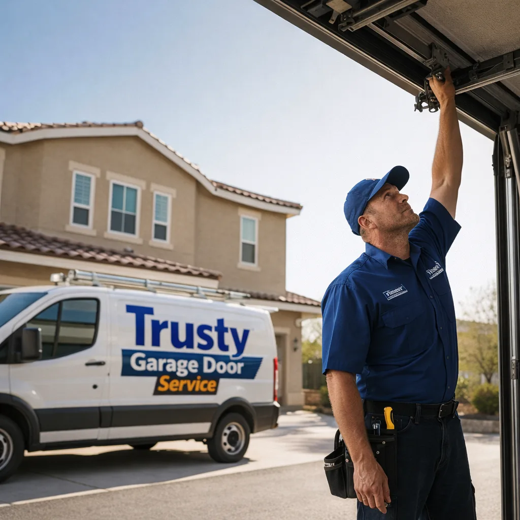 A uniformed Trusty Garage Door Service technician inspecting an open garage door outside a newer two-story stucco home in Aliante, North Las Vegas, service van parked in the driveway under clear desert sky.