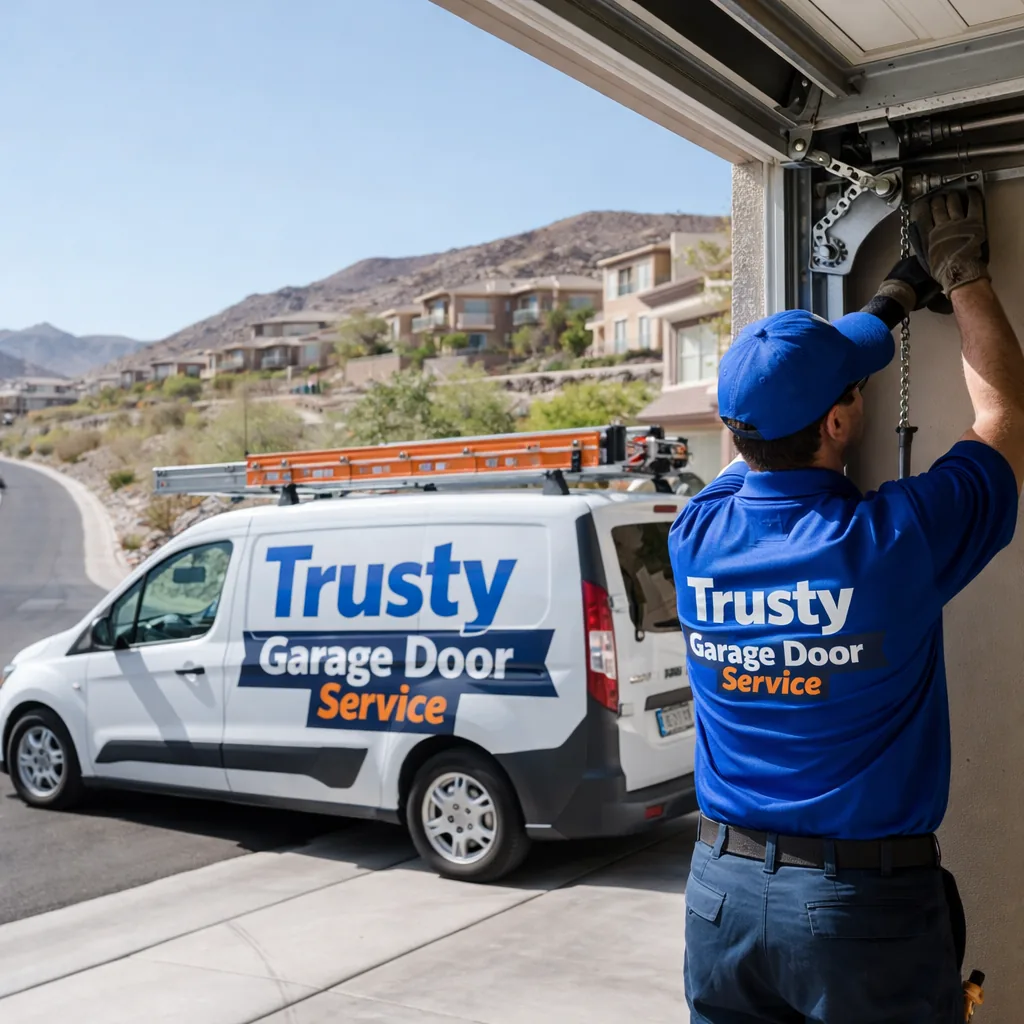 A uniformed Trusty Garage Door Service technician working on an open garage door in an Anthem driveway with a sloped street and hillside homes visible behind him, clear desert sky overhead.