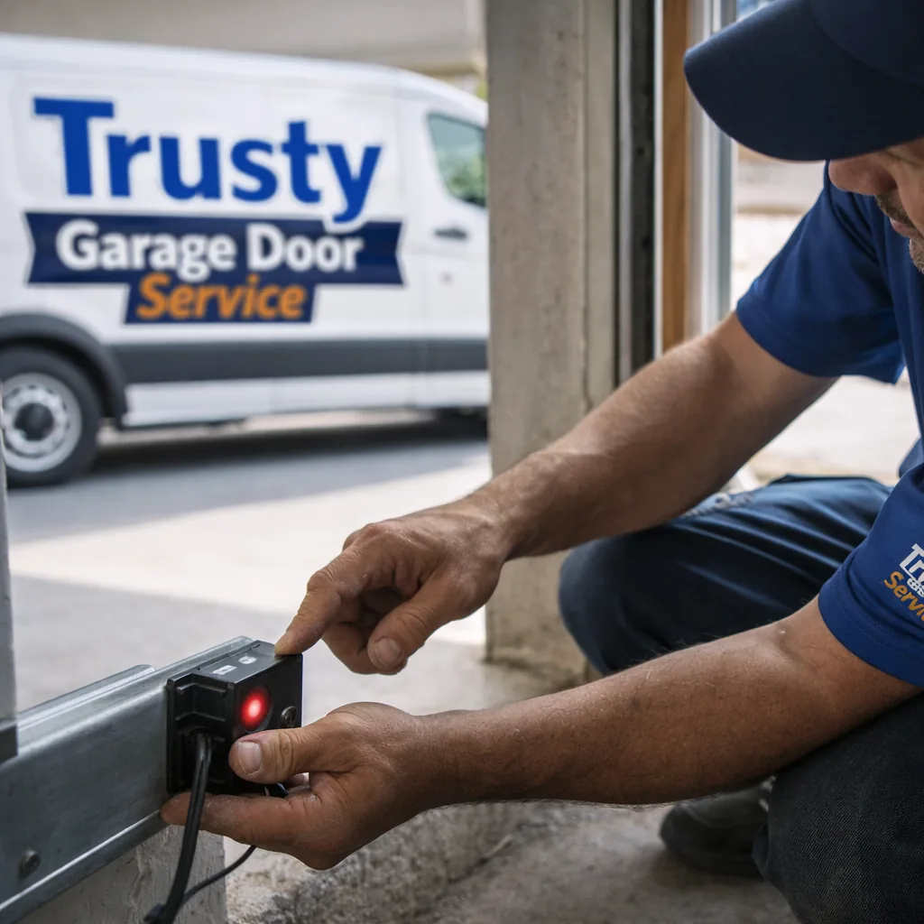 Close-up of a technician's hands testing a garage door opener's safety sensor alignment near the base of the track, small red indicator light visible, garage interior in soft daylight.