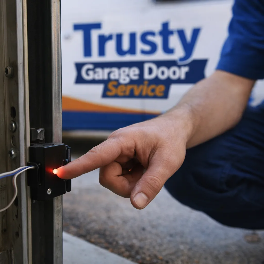 Close-up of a technician's hand testing a garage door safety sensor mounted low on the track, small red indicator light visible.