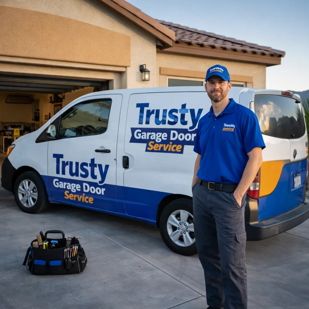 A uniformed Trusty Garage Door Service technician standing beside a service van at a newer stucco Centennial Hills home, garage door open, tool bag on the driveway.