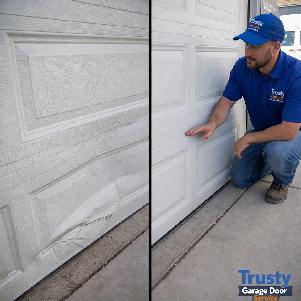 Side-by-side before and after of a garage door bottom panel: left shows a dented, scraped panel, right shows a matching replacement panel installed cleanly.
