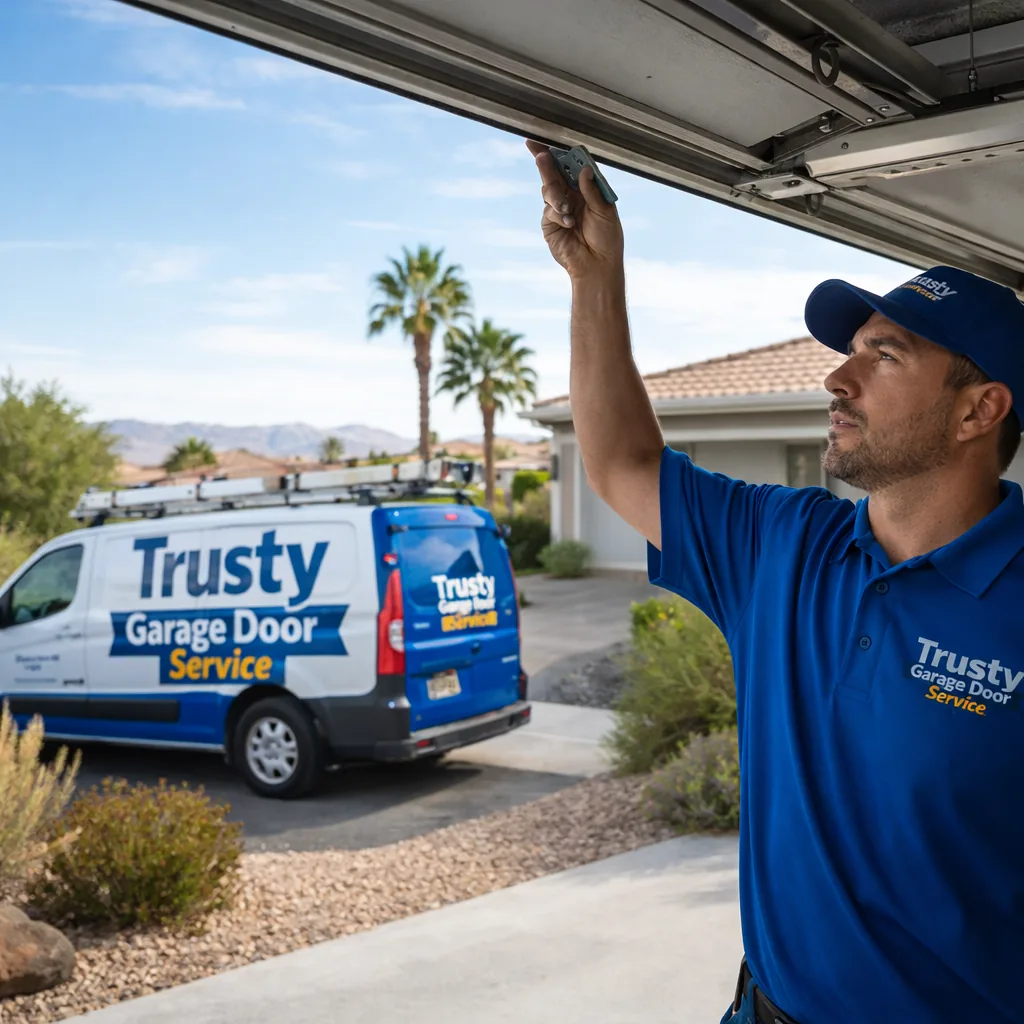 A uniformed Trusty Garage Door Service technician inspecting an open garage door opener rail at a newer single-story Enterprise home, clean desert-landscaped front yard visible.