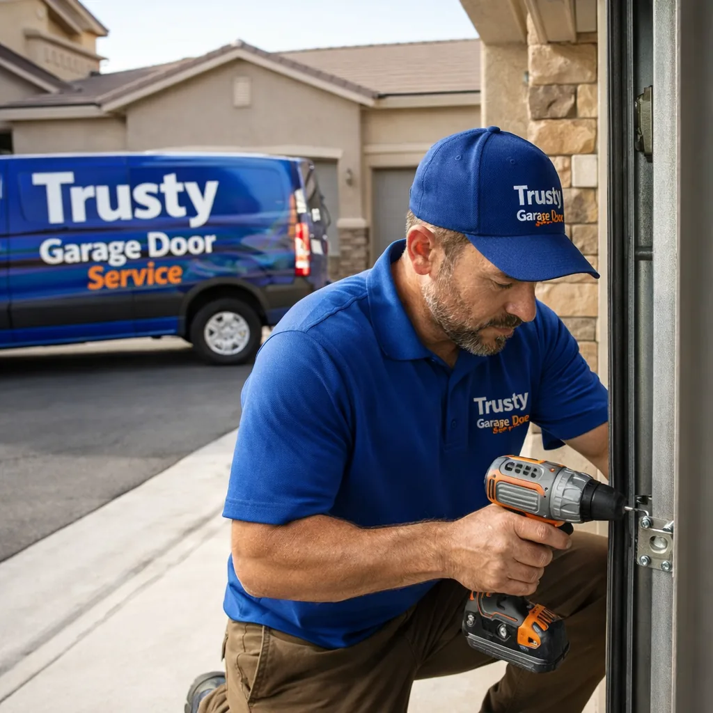 Technician tightening a garage door bracket with a drill while kneeling beside the open door, newer suburban home and driveway visible.