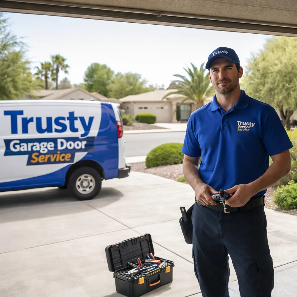 A uniformed Trusty Garage Door Service technician standing in an open garage doorway in a mature Green Valley neighborhood, mature landscaping and a paved driveway visible, mid-repair with a toolbox open at his feet.