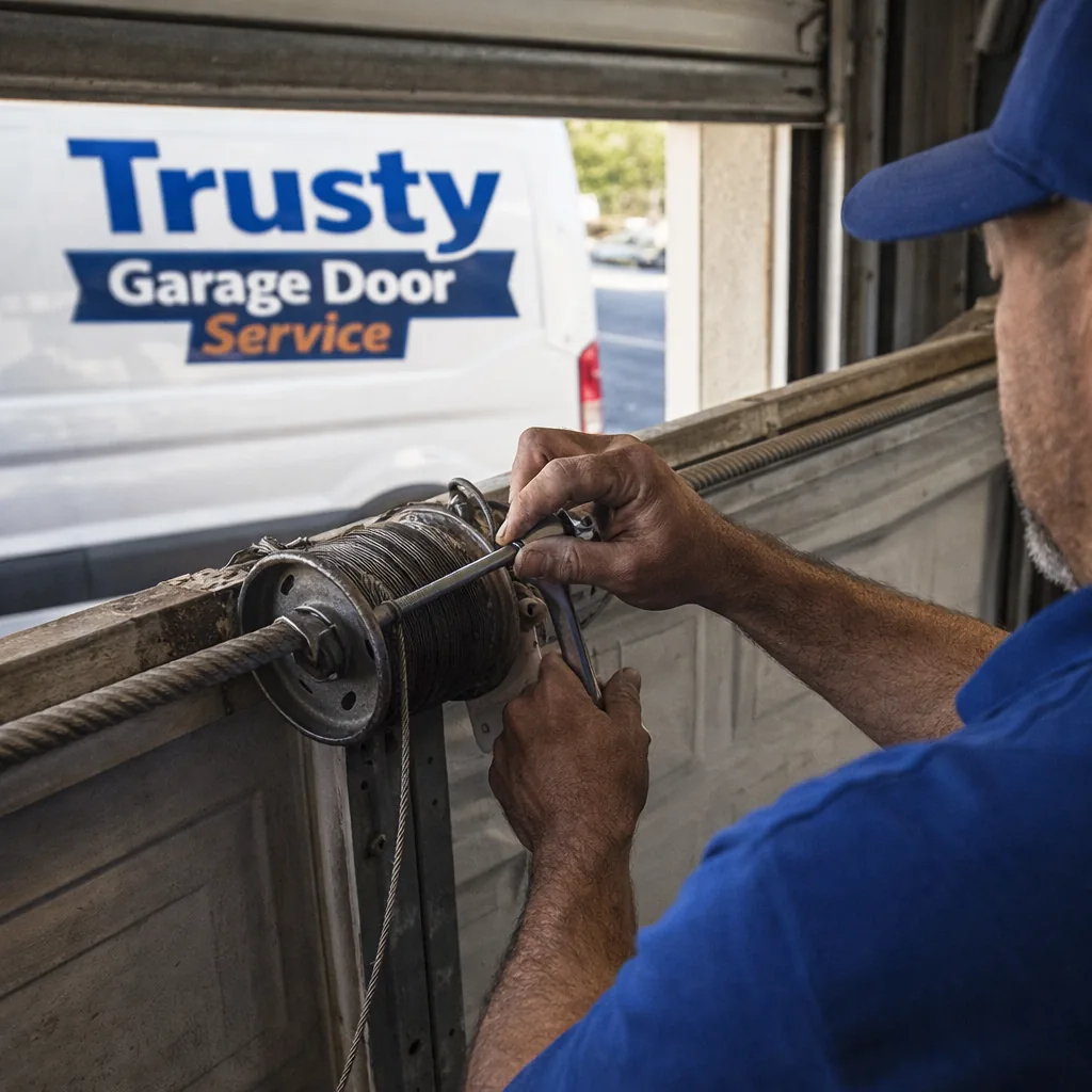 A technician's hands adjusting a worn garage door cable drum on an older residential door, visible wear on the cable strands, natural daylight from the open garage.
