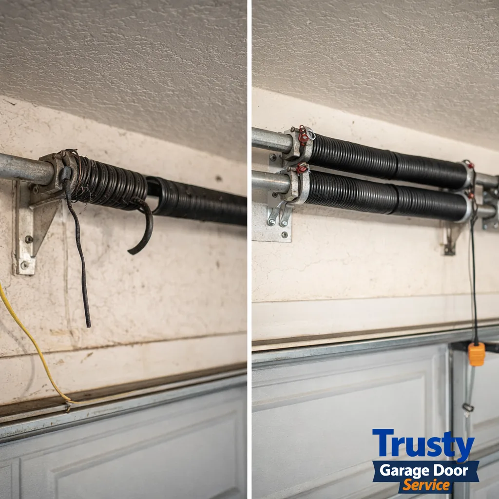 Side-by-side before and after of a garage door spring assembly: left shows a snapped torsion spring hanging loose, right shows a new matched pair installed and wound.