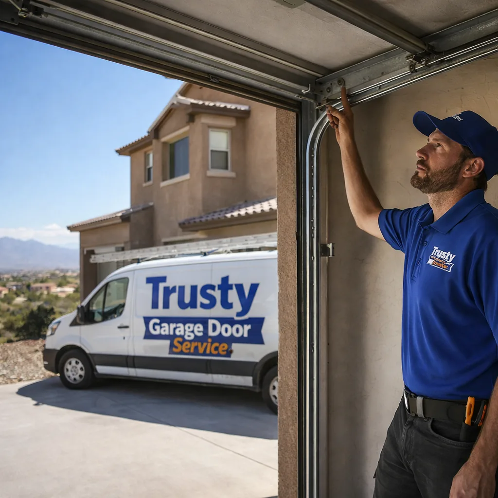 A uniformed Trusty Garage Door Service technician inspecting a residential garage door track at a two-story stucco Henderson home, clear desert sky and mountains visible in the distance.