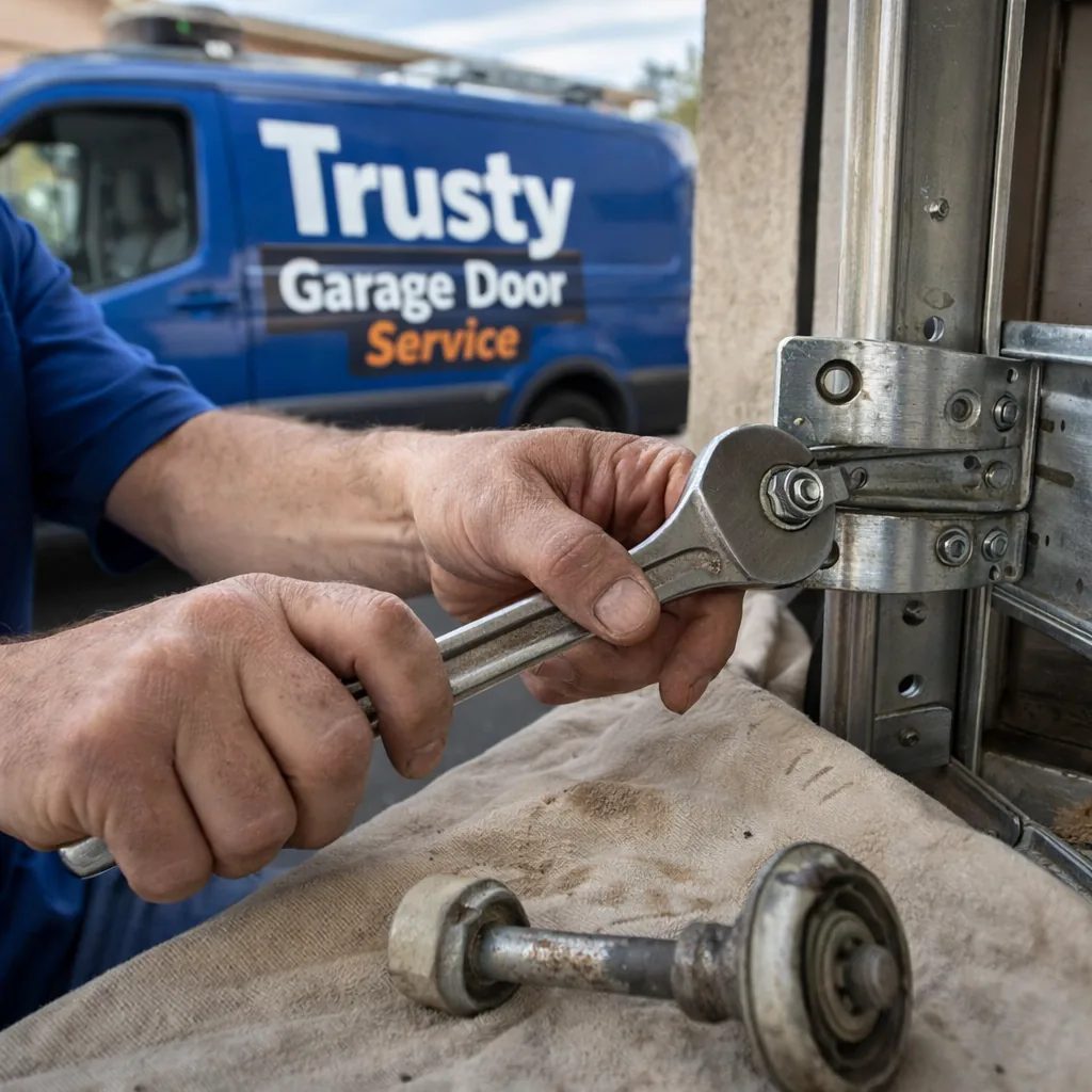 Close-up of a technician's hands adjusting a garage door track bracket with a wrench, worn roller visible nearby on a drop cloth.