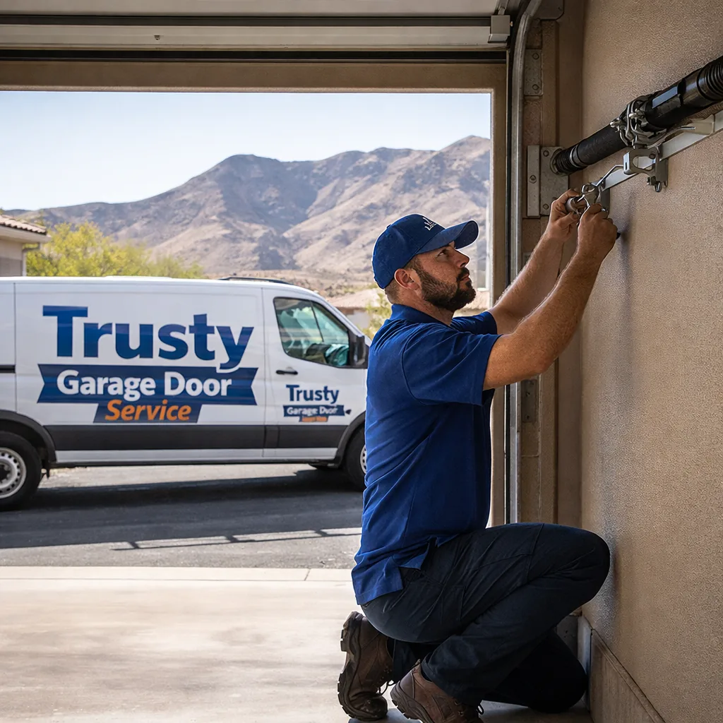 A uniformed Trusty Garage Door Service technician kneeling beside an open two-car garage door in a Mountain's Edge driveway, adjusting a torsion spring bracket, desert foothills visible in the background under bright afternoon light.