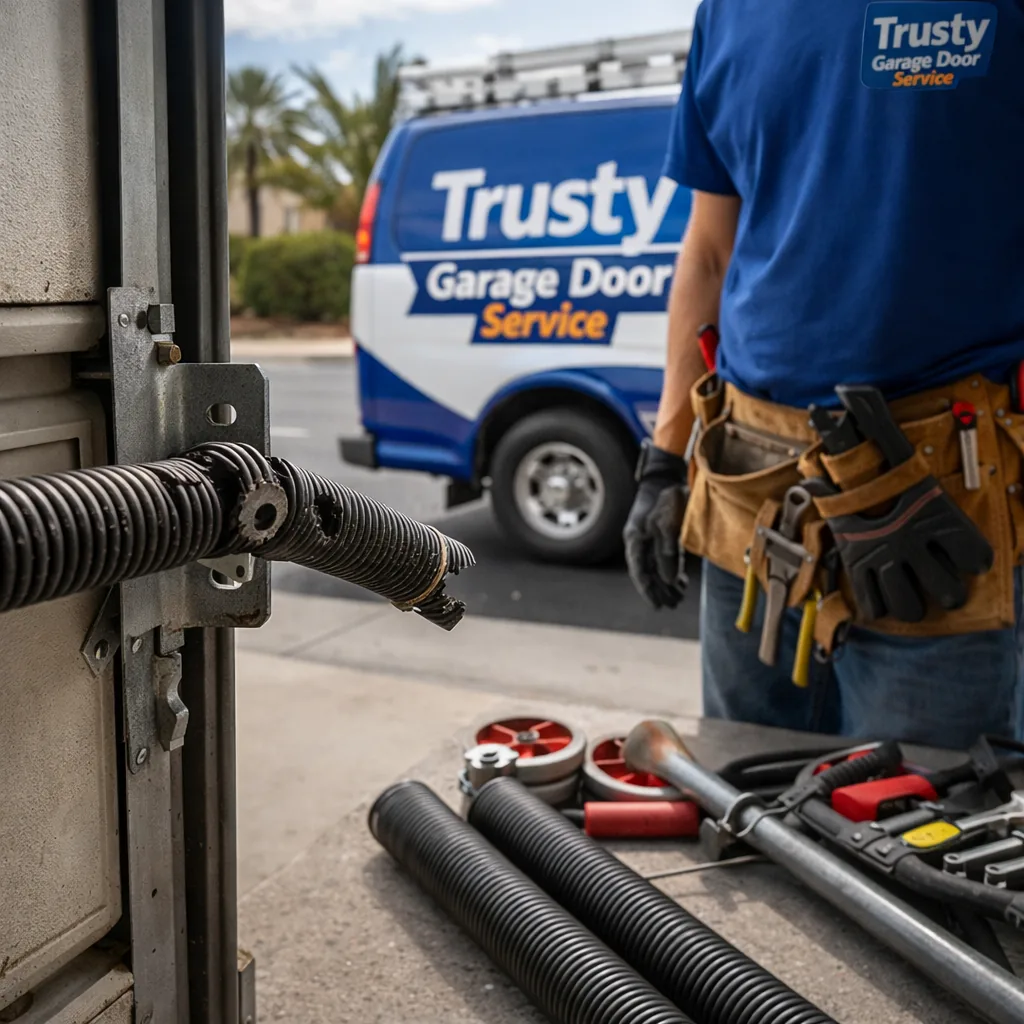 Close-up of a broken torsion spring on a residential garage door track, the coil visibly separated, with a technician's tool belt and replacement spring parts laid out nearby on a driveway.