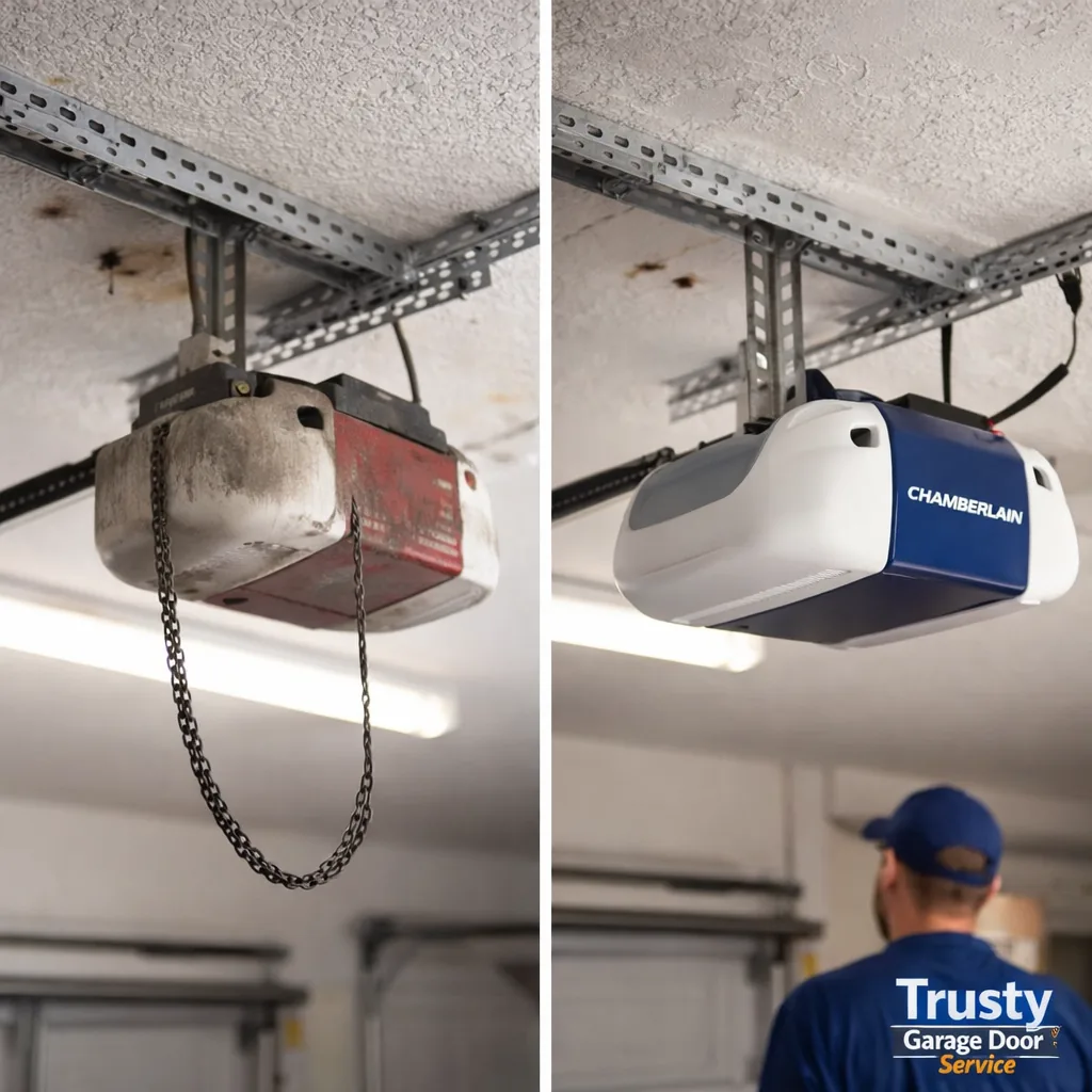 Side-by-side before and after of a garage door opener ceiling mount: left shows an old chain-drive unit with a sagging chain, right shows a new belt-drive opener installed cleanly.