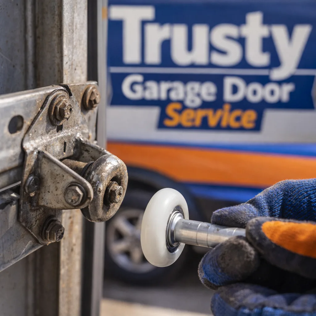 Close-up of a worn garage door roller and hinge assembly being removed from the track, replacement roller and gloved hands visible nearby.