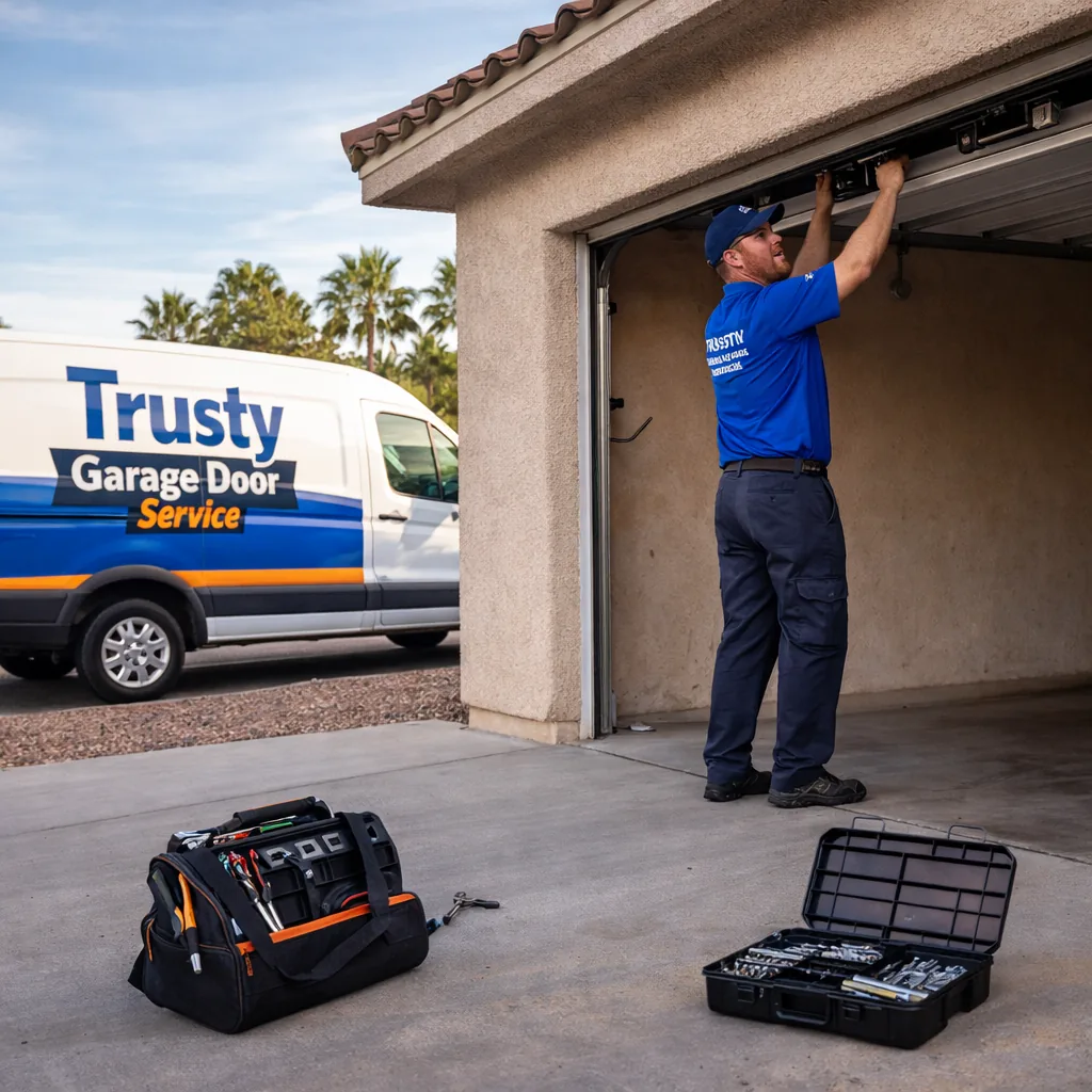A uniformed Trusty Garage Door Service technician working on an open garage door at a single-story stucco North Las Vegas home, tool bag and parts case open on the driveway.