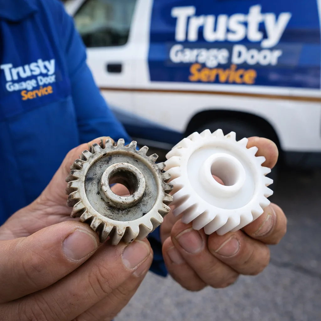 Close-up of a worn nylon drive gear removed from a garage door opener housing, held next to a new replacement part, driveway visible in soft background blur.