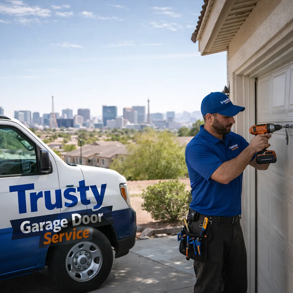 A uniformed Trusty Garage Door Service technician working on a residential garage door outside a single-story home in Paradise, NV, with the Las Vegas Strip skyline visible in the distance under daytime light.