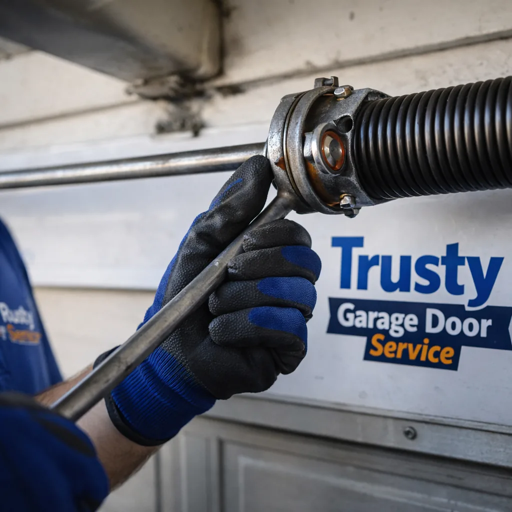 Close-up of a heavy-duty torsion spring assembly mounted above a large custom garage door, technician's gloved hand adjusting the winding cone with a tensioning tool.