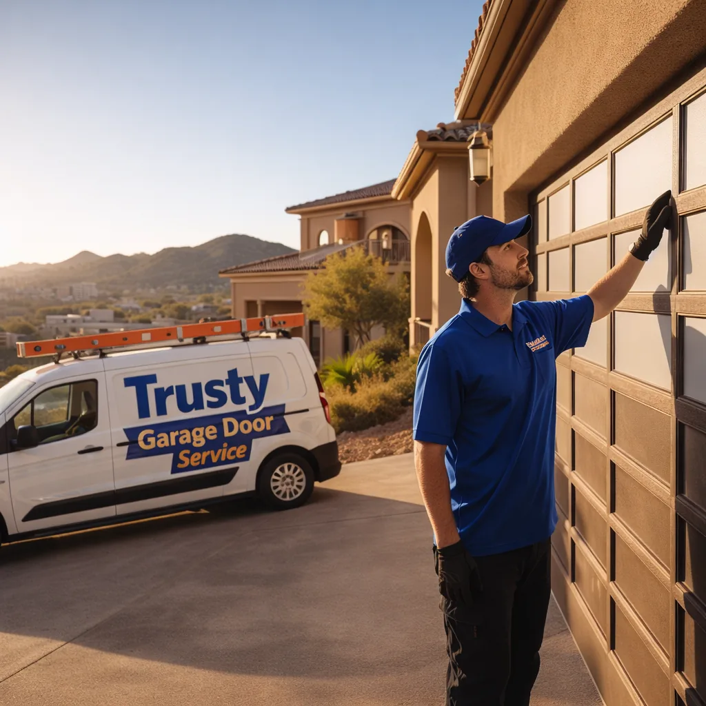 A uniformed Trusty Garage Door Service technician inspecting a large custom-panel garage door on a Seven Hills home, hillside terrain and upscale stucco architecture visible in the background, warm afternoon light.