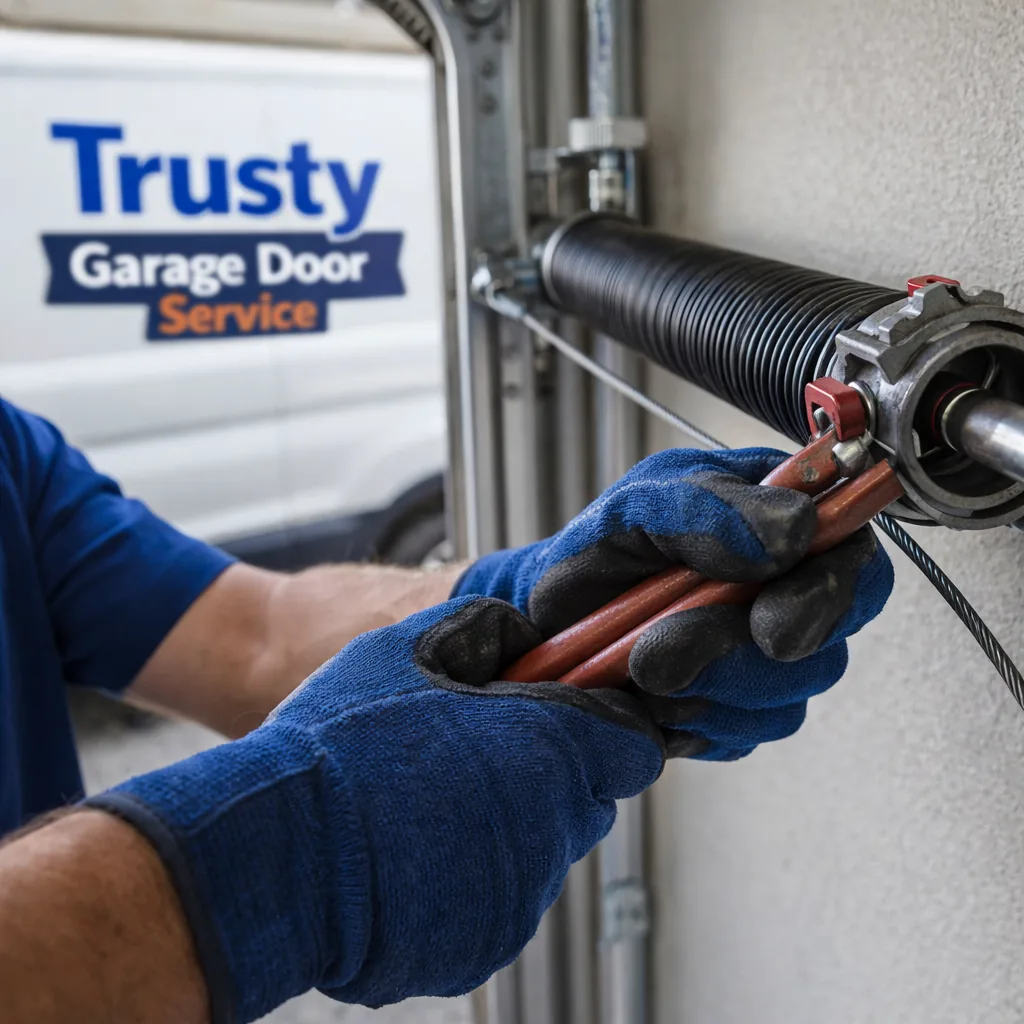 Close-up of a technician's hands winding a new torsion spring using a tensioning tool, garage door track and cables visible in the background, clean residential garage interior.