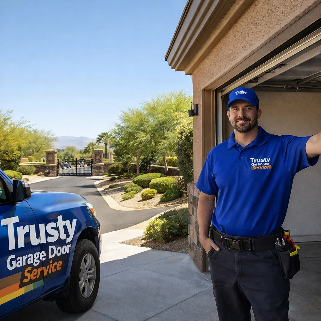 A uniformed Trusty Garage Door Service technician standing beside an open garage door in a Southern Highlands driveway, manicured landscaping and a gated community entrance visible down the street, bright desert daylight.