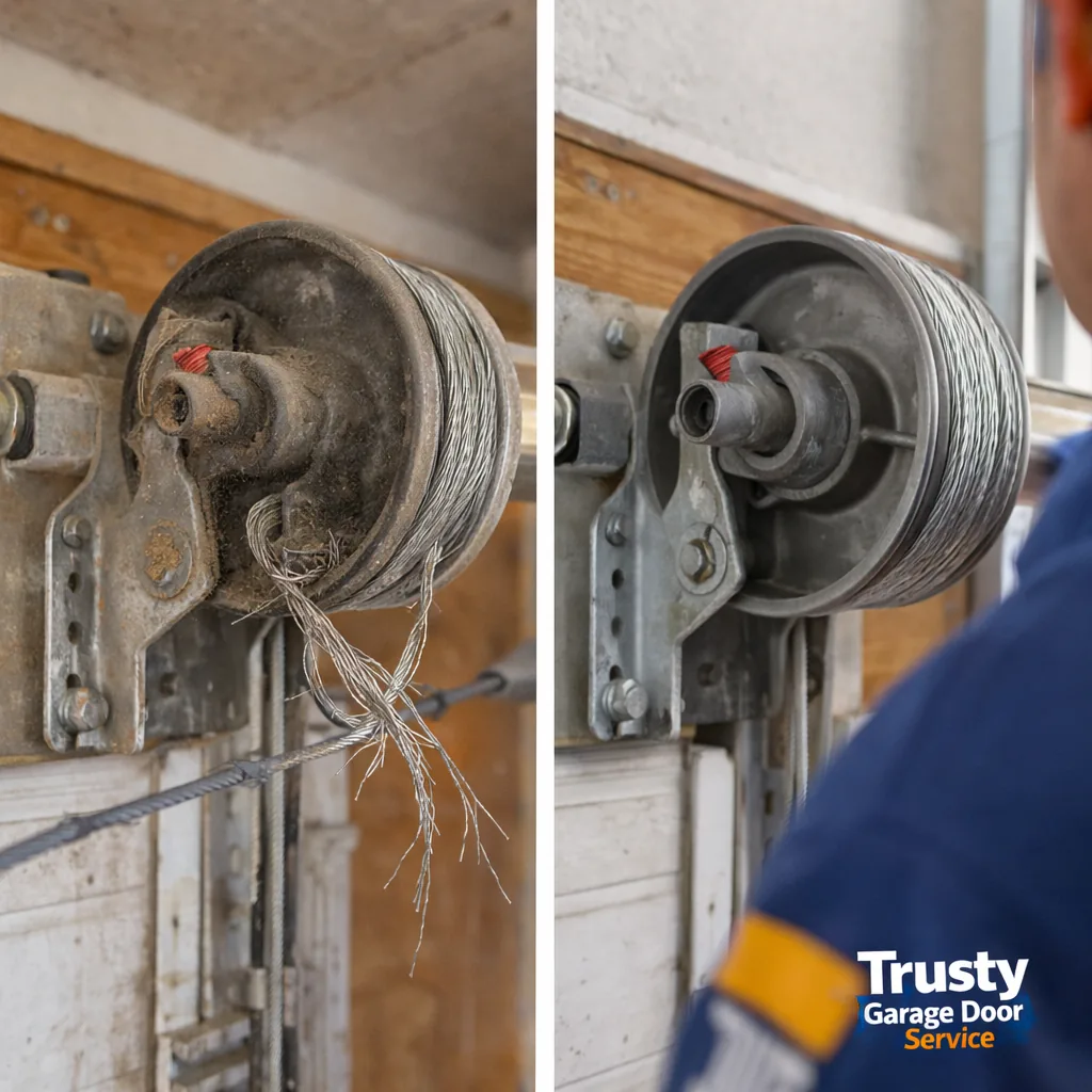 Side-by-side before and after of a garage door cable drum: left shows a frayed, unwound cable, right shows a new cable properly seated and tensioned.