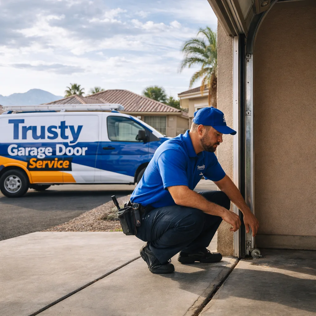 A uniformed Trusty Garage Door Service technician kneeling beside an open residential garage door, inspecting the bottom track and rollers, suburban single-story home in the background.