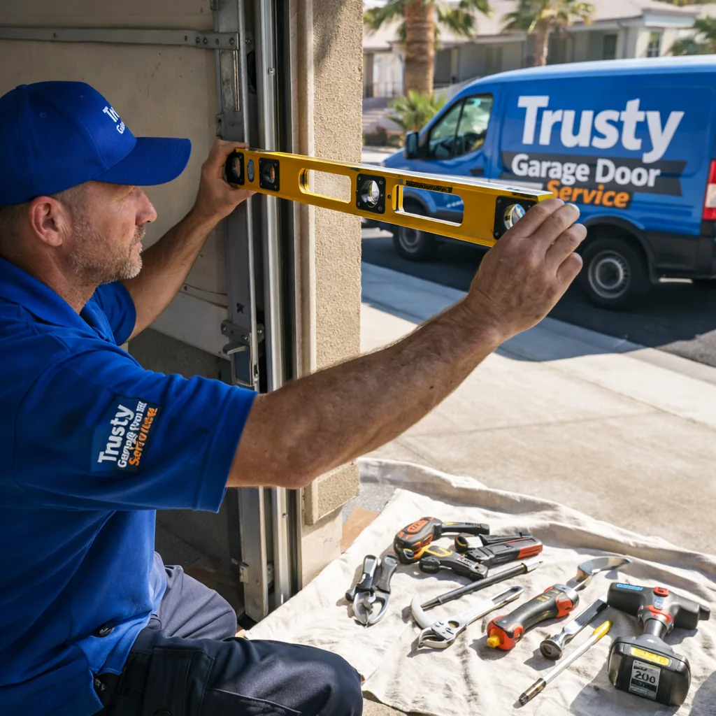 Technician using a level against a garage door track to check alignment, tools laid out on a drop cloth beside the open door.