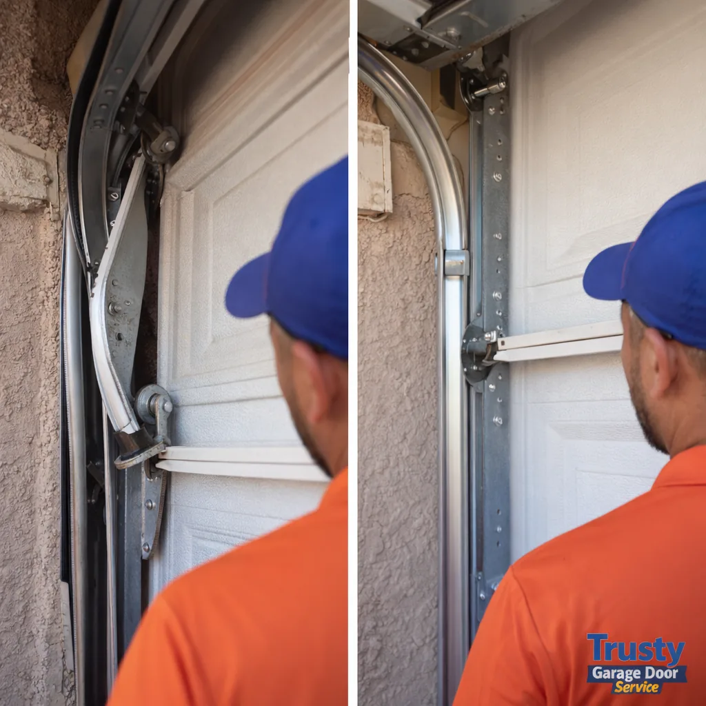 Side-by-side before and after of a garage door track: left shows a bent track with a roller jumped off, right shows the same door aligned and closed evenly.
